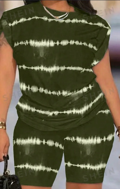 2pcs Set Striped Round Neck T-Shirt And Cycling Shorts