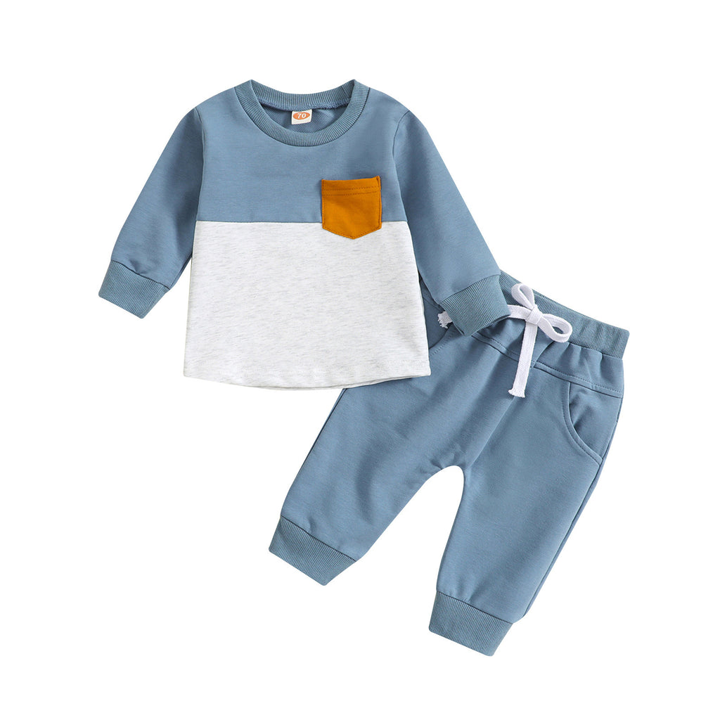Children Color-block Crew Neck Long Sleeve Trousers Suit