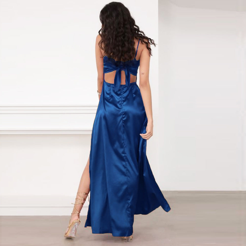 Satin Chest Wrap Backless Slit Slim Temperament Commute Solid Color Strap Type Dress