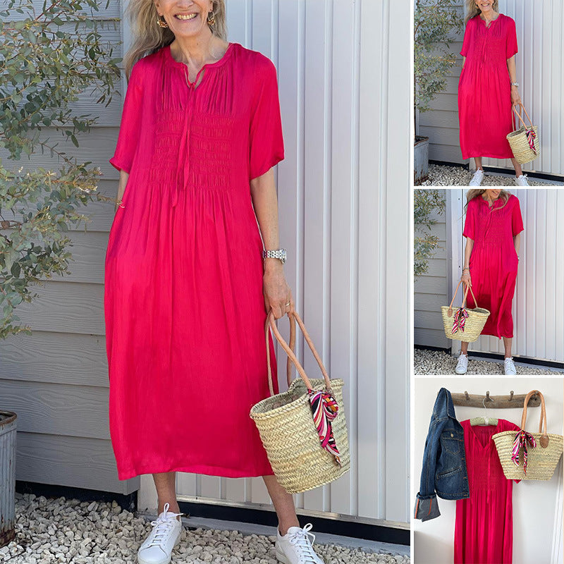 Summer New Casual Rope V-neck Solid Color Short Sleeve Dress Women