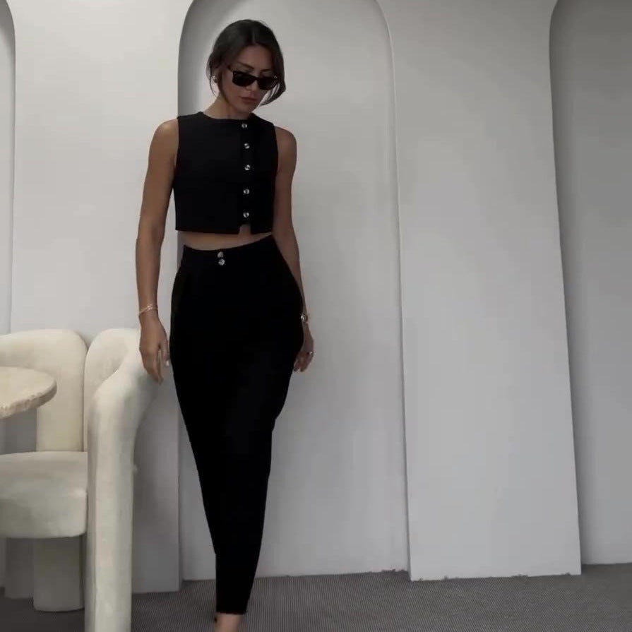Sleeveless Vest Top High Waist Straight Pants Solid Color Two-piece Set