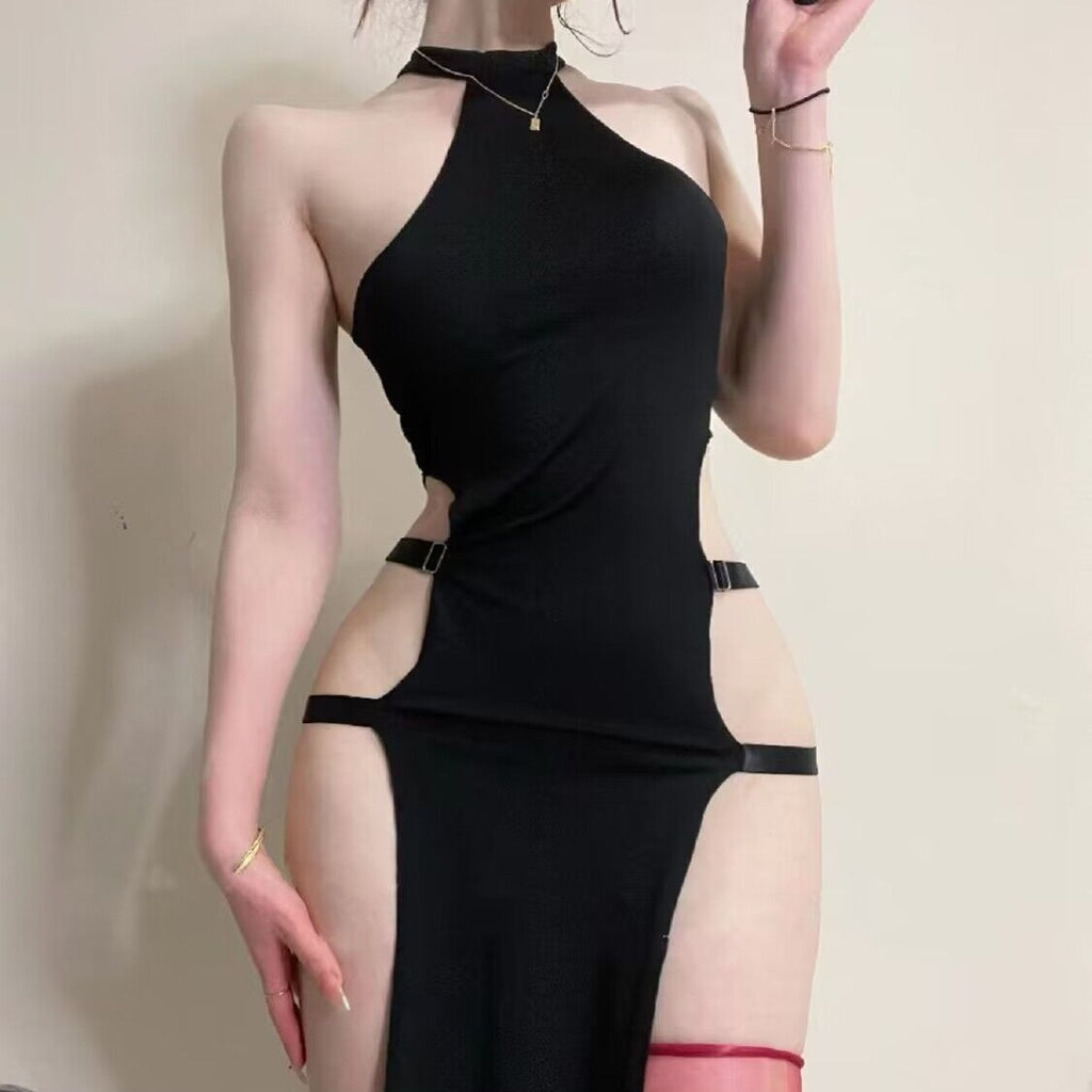 Solid Color Pullover Sleeveless Hollow-out Side Slit High Waist European And American Tight Dress