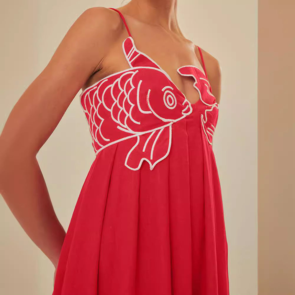 Red Fish-shaped Top Extra Long Dress Backless Slip Dress