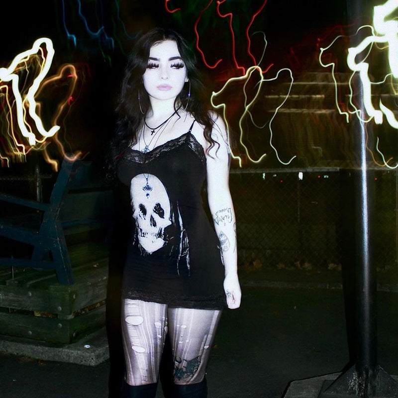 Personalized Skull Printed Suspender Skirt For Women