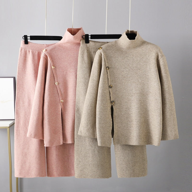 Design Sense Niche Stand Collar Slit Knitted Turtleneck Sweater Anti-aging Casual Wide Leg Pants Two-piece Set