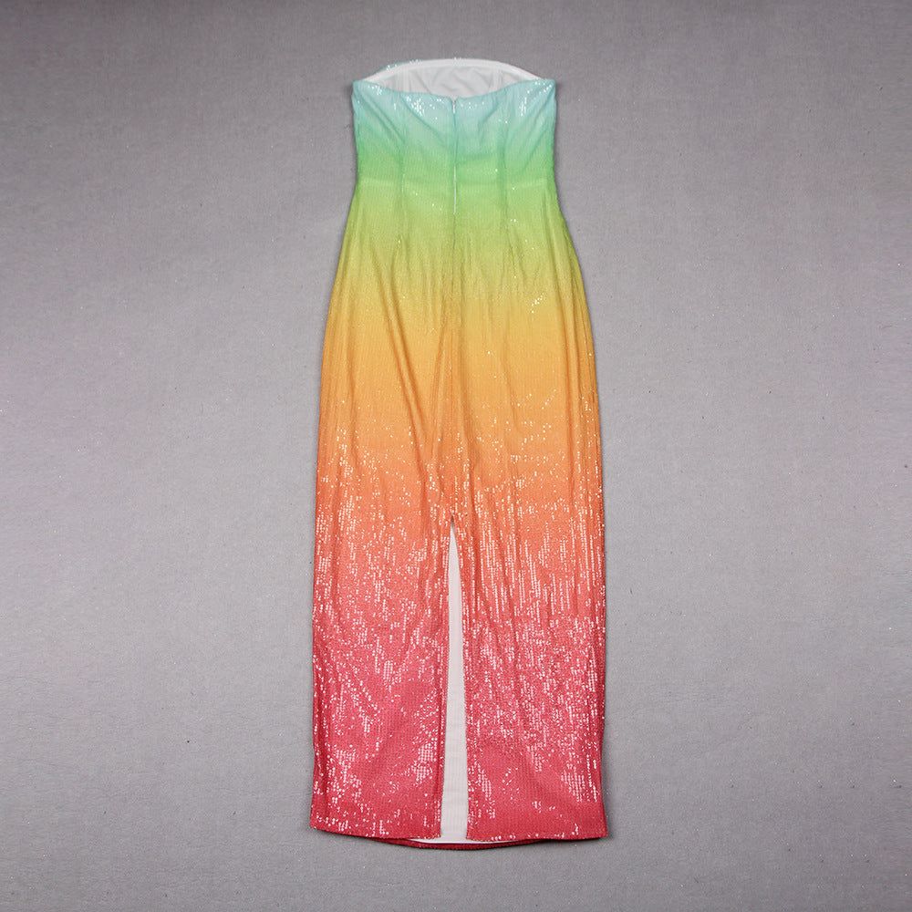 European And American Women's Clothing Fashion Sexy Figure Tube Top High Waist Gradient Color Dress Women