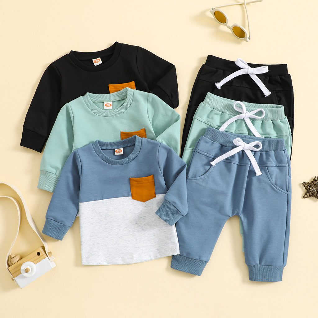 Children Color-block Crew Neck Long Sleeve Trousers Suit