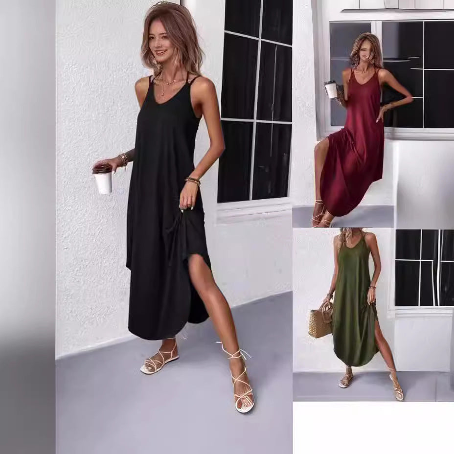 Summer Solid Color And V-neck Sling Backless Dress