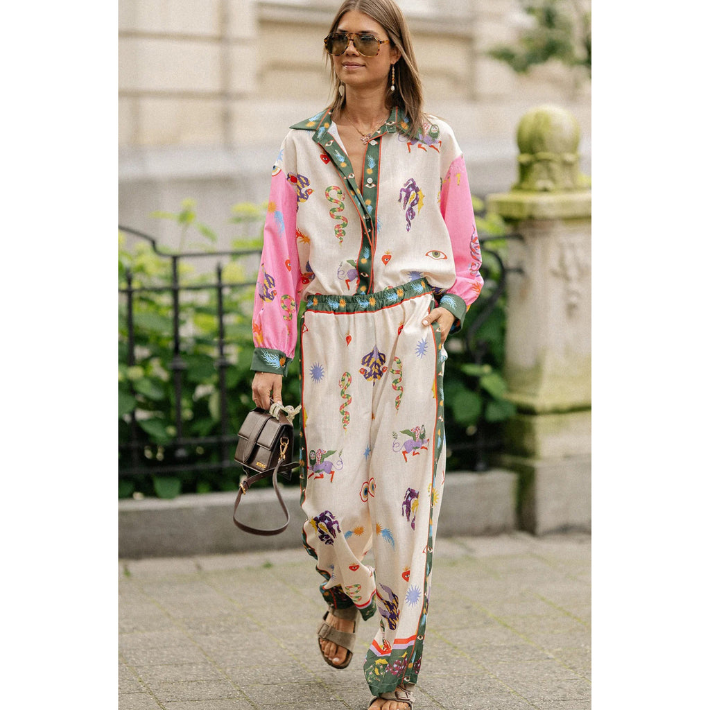 Long Sleeve Pocket Abstract Printing Loose Casual Two-piece Suit Women