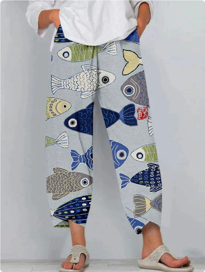 High Waist Gray Trousers Printed Stitching Loose Cropped Pants