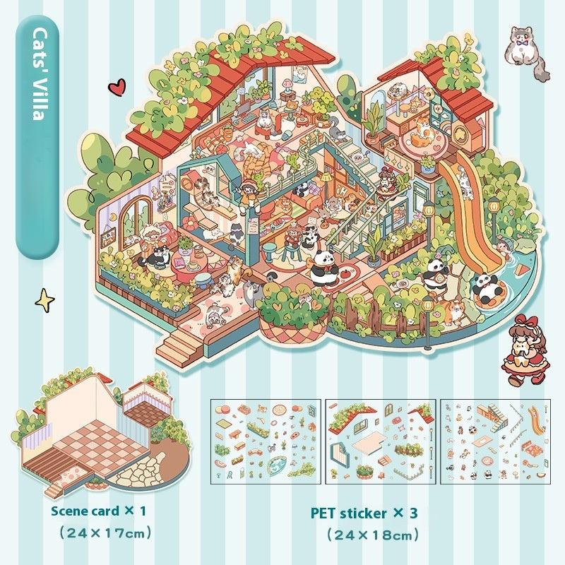 Cute Extra Large Size Miniature Scene Landscape Stickers Cartoon National Style Panda Villa Stacking 3D 3D Stickers