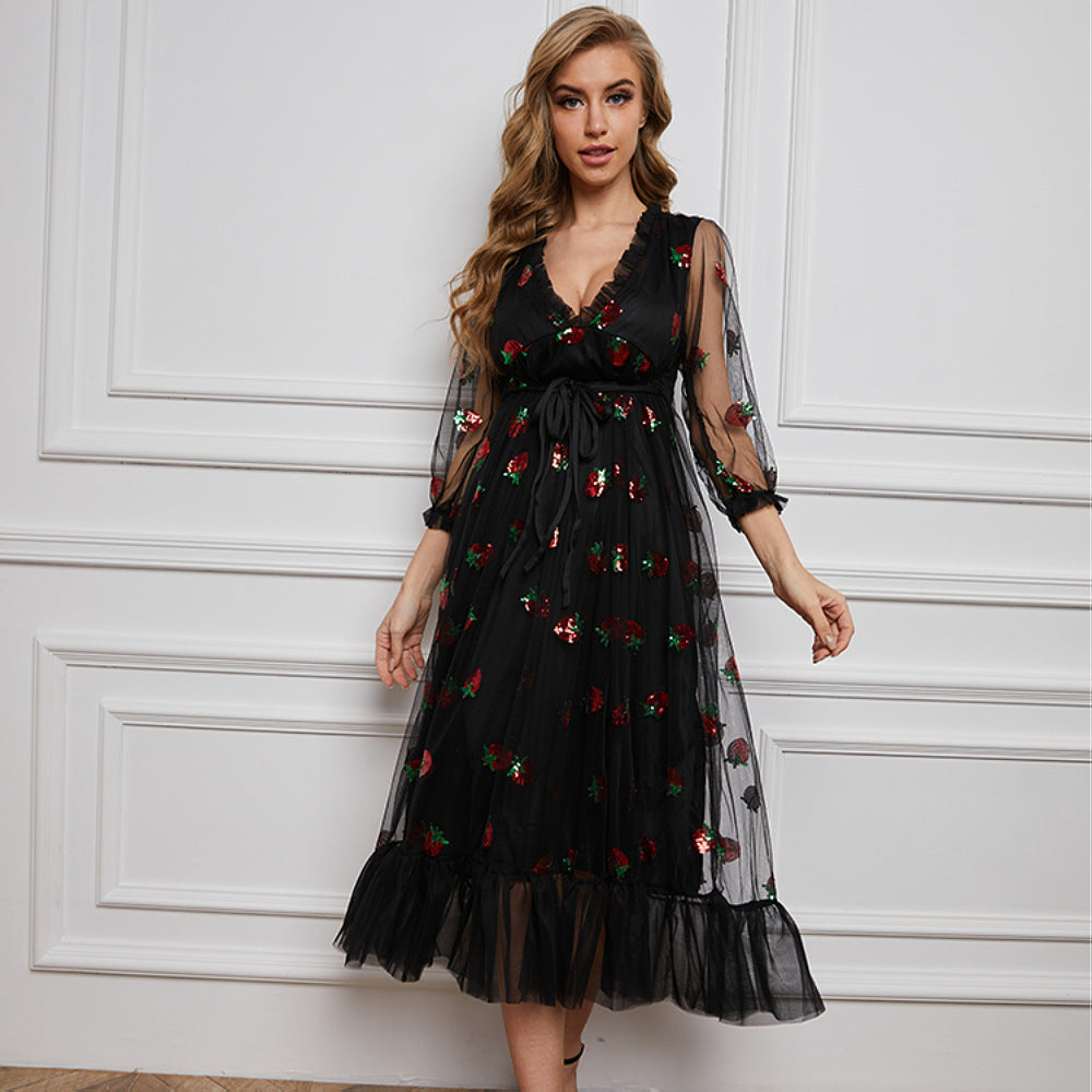Sequin Embroidery Autumn And Winter Long-sleeved French Dress With Ruffles