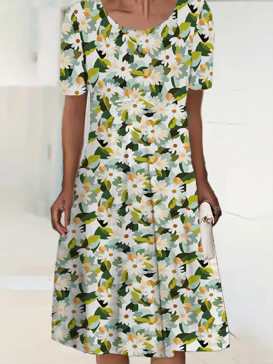 Women's Round Neck Short Sleeve Pleated Mid-length Dress