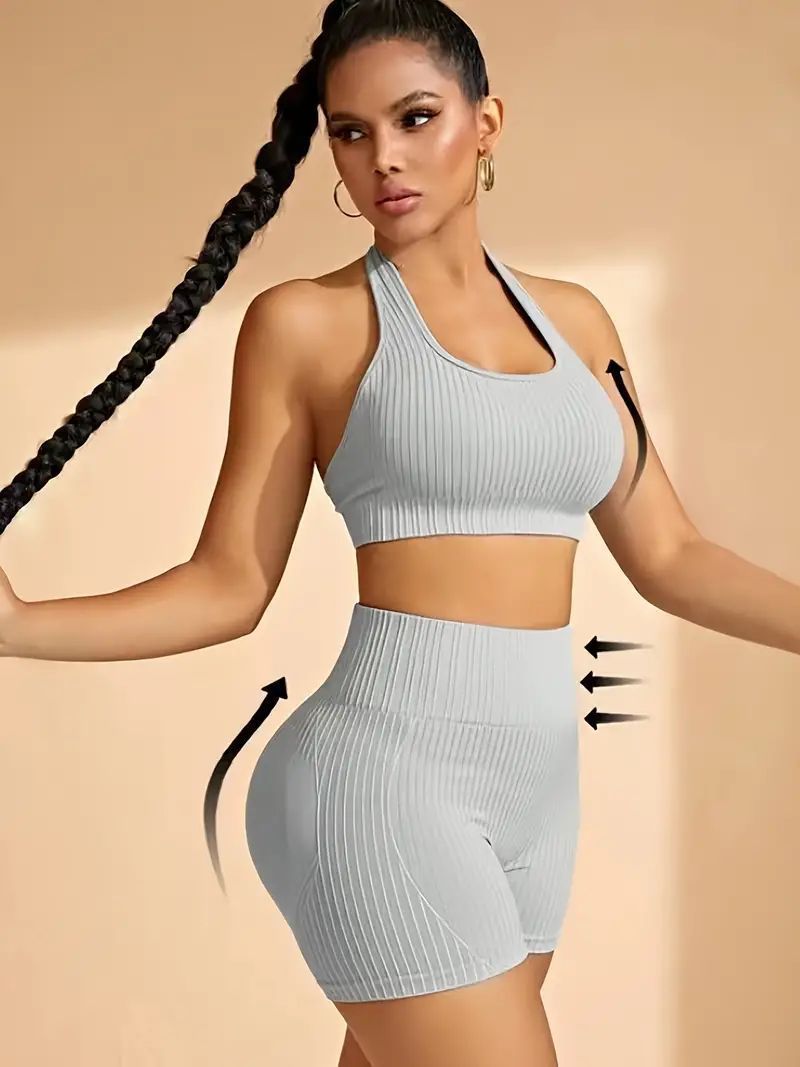Seamless Knitted Beauty Back Sling Halter Bra Shorts Two-piece Set