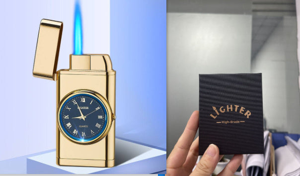 New Lighter With Electric Watch Rocker Arm Automatic Ignition Straight Blue Flame Lighter Creative Real Dial Inflatable Windproof Lighter Men's Watch Gift