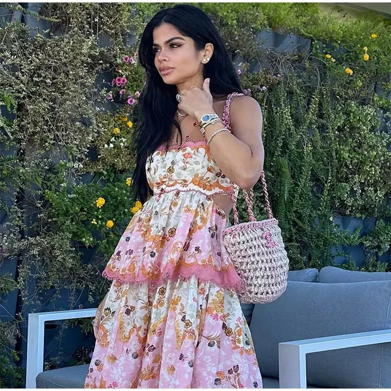 Ruffled Printed Sleeveless Backless Slip Dress