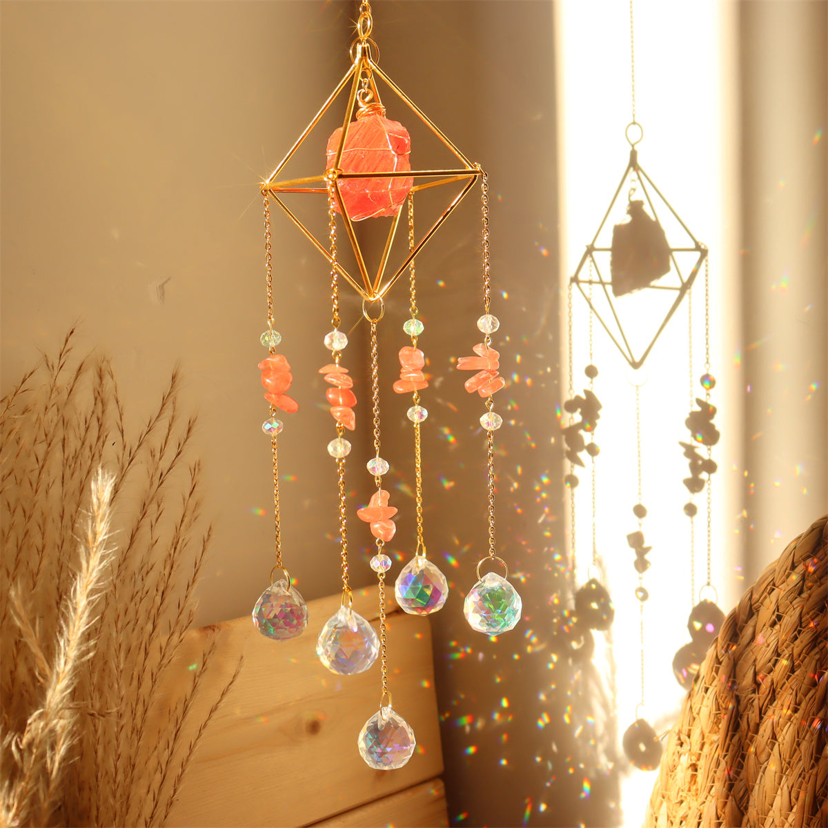 Natural Stone Metal Crystal Ball Wind Chime Pendant