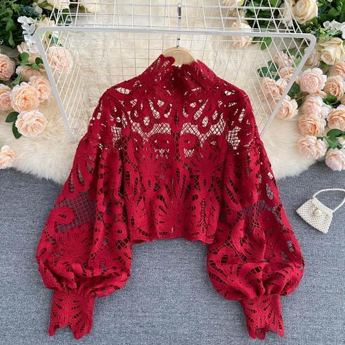 Design Sense Lace Hollow Top Stand-up Collar Puff Sleeve Loose Shirt