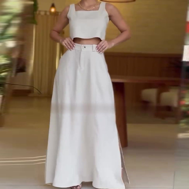 Woman Square-neck Short Sleeveless Sling High Waist Skirt Casual Suit