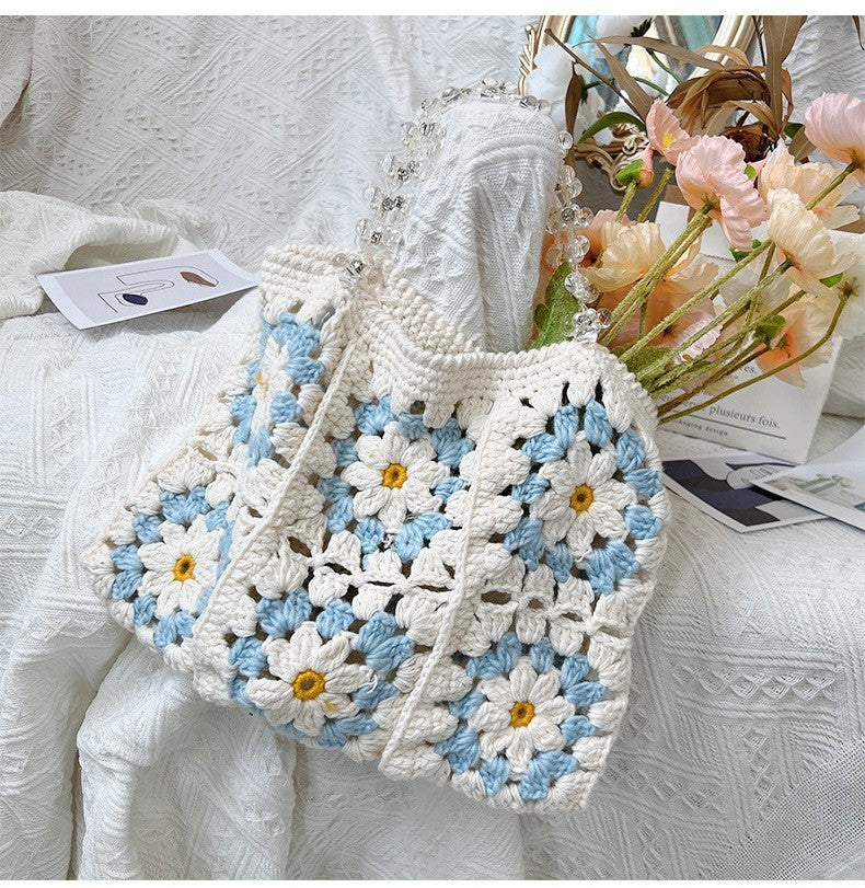 Hand Woven Handbag Hook Floral Plush Bag