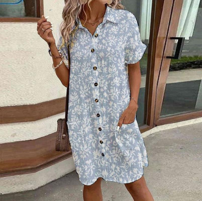 Leisure Printed Single-breasted Mid-length Short Sleeve Loose Casual Dress