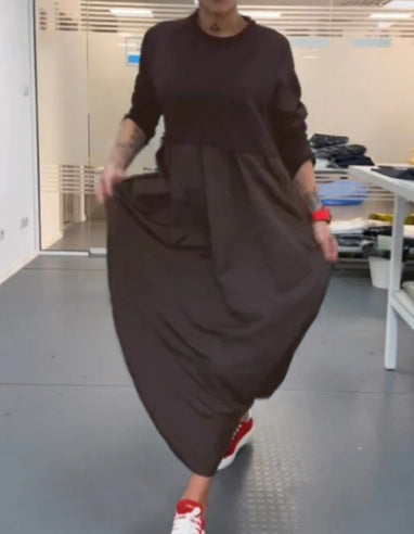 European And American Solid Color Round Neck Long Sleeve Plus Size Dress