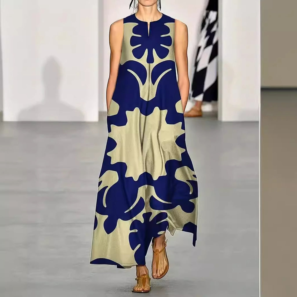 French Style Temperament Printed V-neck Printed Long Dress