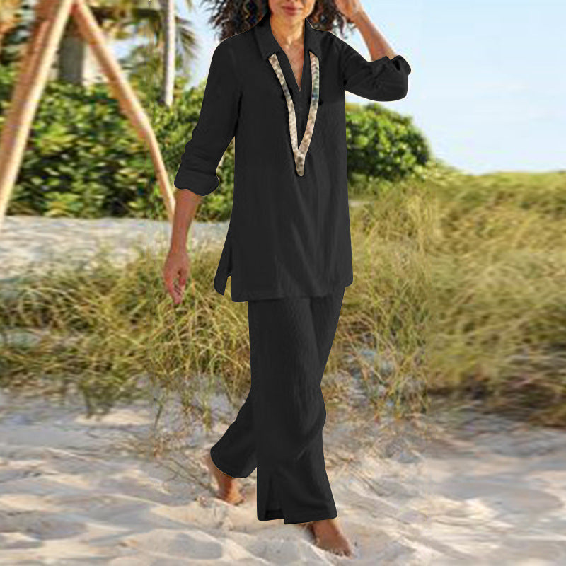 Solid Color National Style Retro Pants Suit Cotton And Linen Casual Long Sleeve Loose Cotton Suit