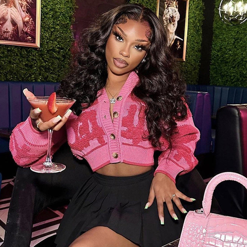 Fall Fashion Sweet Color-block V Neck Buckle High Waist Slim-fit Knitted Top Women