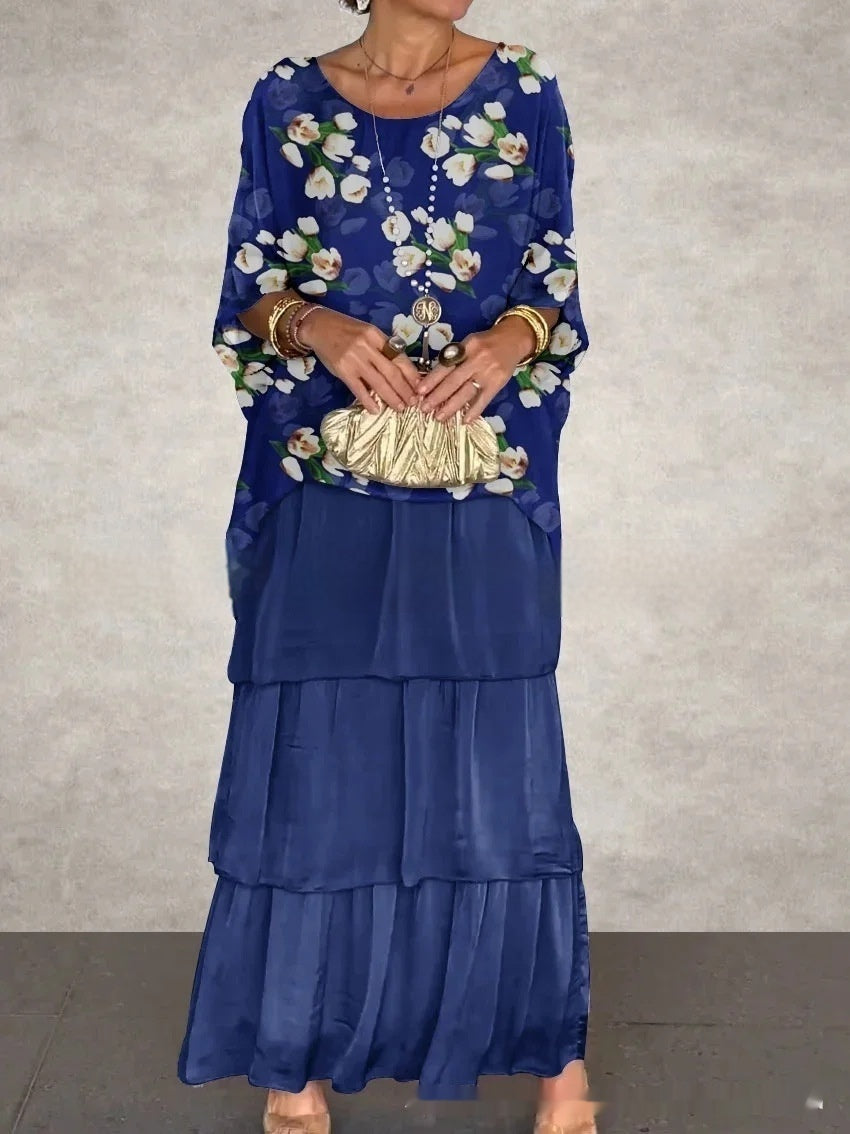 Women's Chiffon Mesh Batwing Sleeve Round-neck Long Dress