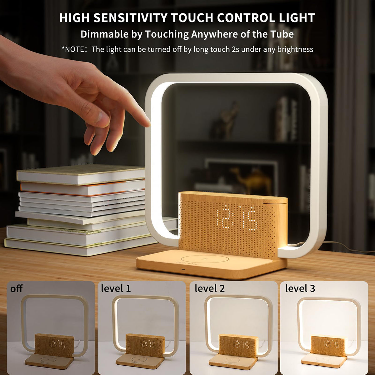 Bedside Lamp Double Alarm Clock 10W Wireless Charging Natural Sound Wake-up Light