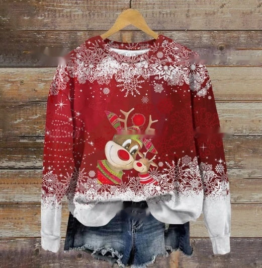Autumn And Winter Ladies Funny Print Christmas Holiday Casual Round Neck Sweater