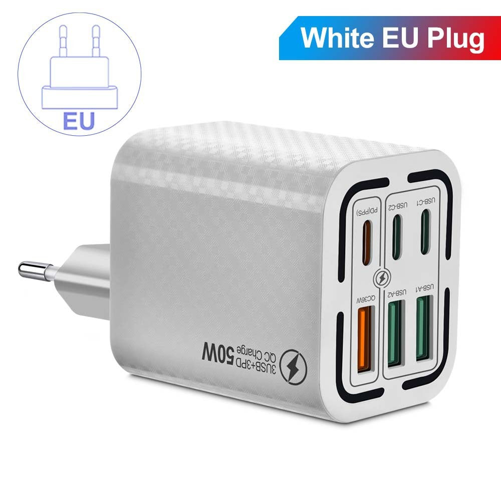50W 6Ports 3USB 3PD Multi-interface Fast Charging Mobile Phone Charging Plug