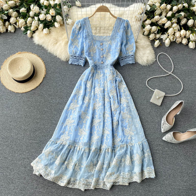 Women's Vintage Heavy Duty Embroidered Lace Square Neck Slim Fit Mid Length Ruffle Dress