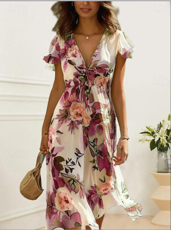 Printed Bohemian Women's V-neck Mid-length Dress Sleeveless Summer