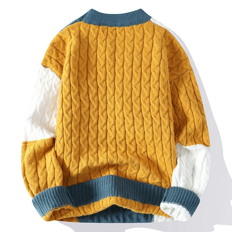 Men's Crew Neck Pullover Sweater Color Contrast Patchwork