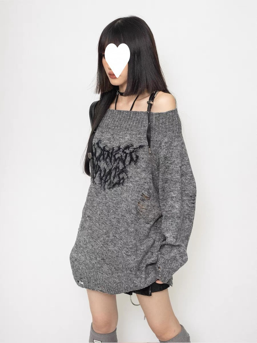 Women's Water Washing Craft Ripped Off-shoulder Sweater