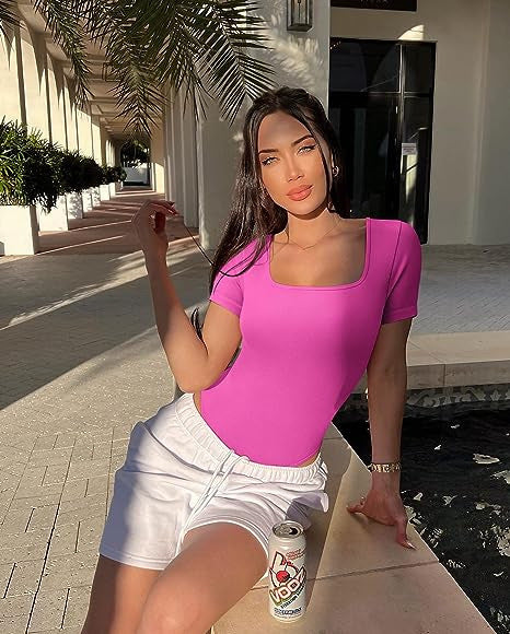 Sunken Stripe Square Collar Short Sleeve Tight Jumpsuit