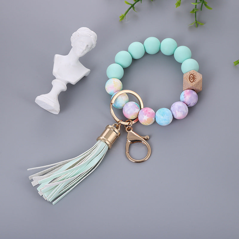 Color Silicone Bead Bracelet PU Tassel Key Chain