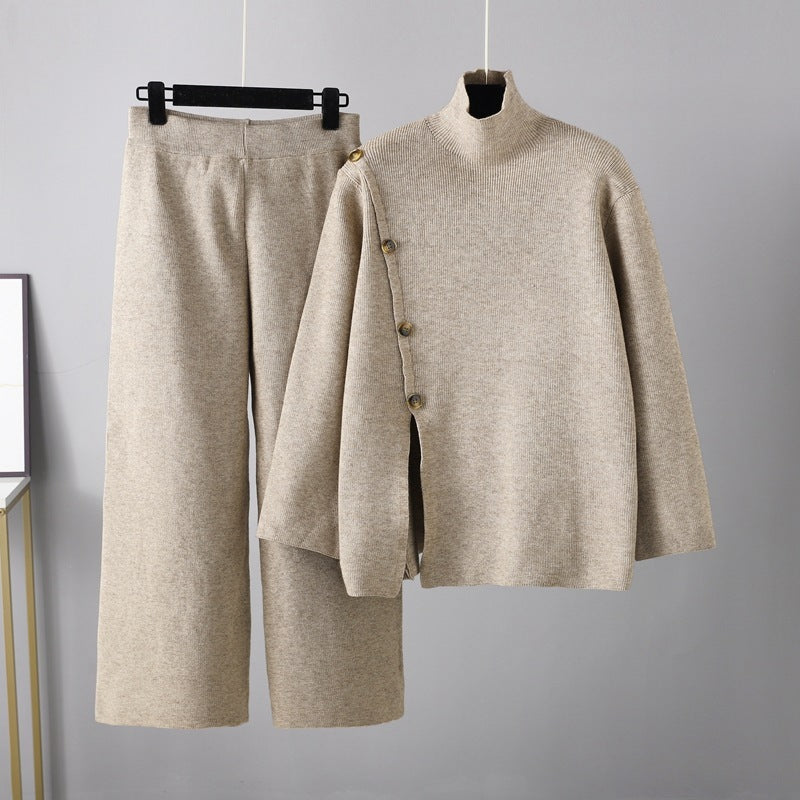 Design Sense Niche Stand Collar Slit Knitted Turtleneck Sweater Anti-aging Casual Wide Leg Pants Two-piece Set