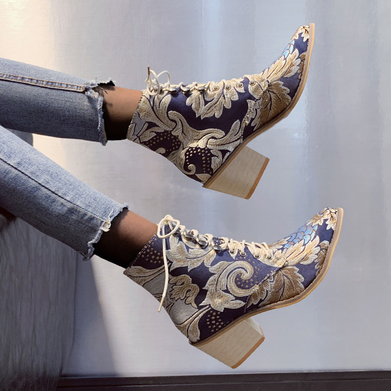 Ethnic Style Pointed Thick Heel Lace Embroidered Short Boots Women