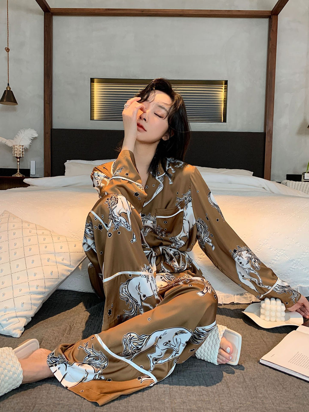 Belted Silk Pajamas Home Clothes Women's Suit