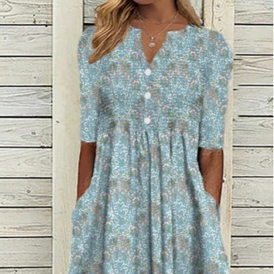 Casual Flower Print Pocket Pleated V-neck Button Dress
