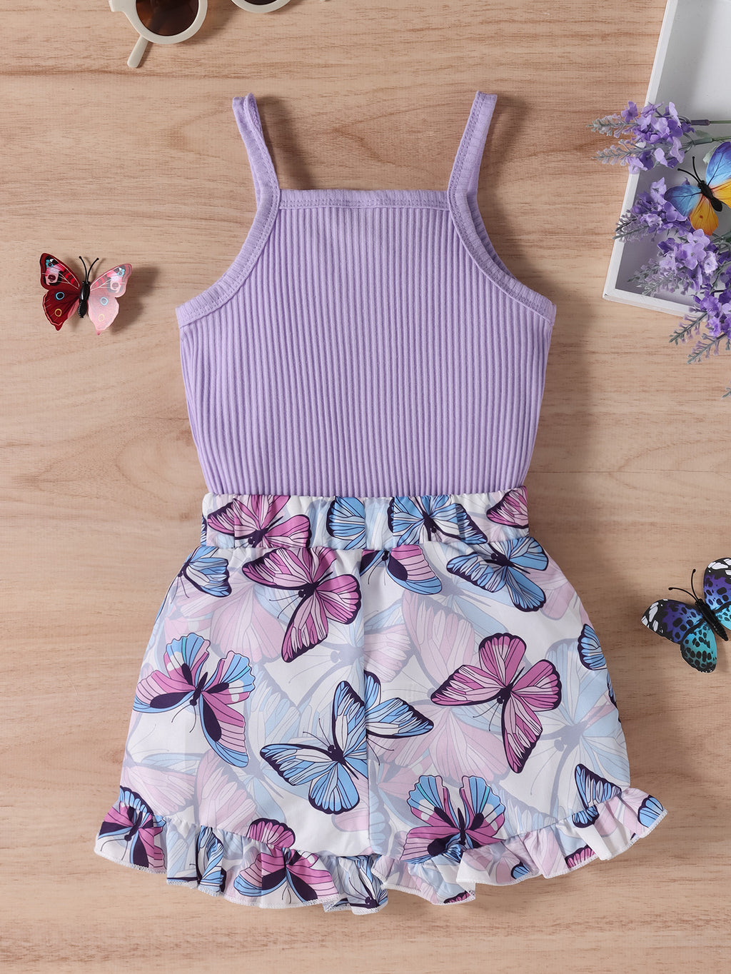Cute Purple Strap Sunken Stripe Butterfly Shorts Two-piece Set