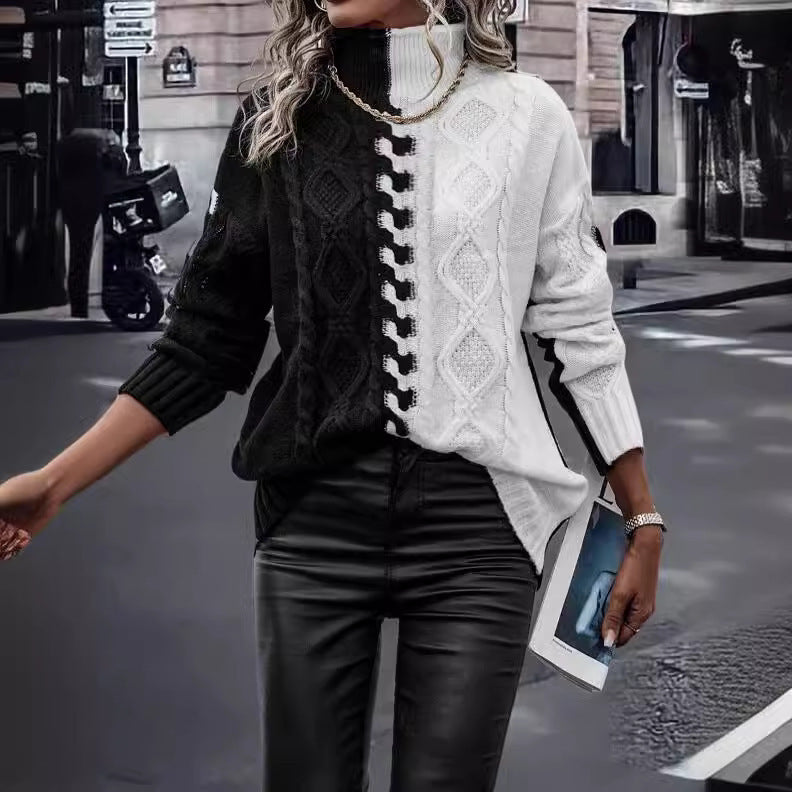 Fashion Color Contrast Black And White Splicing Knitwear Top
