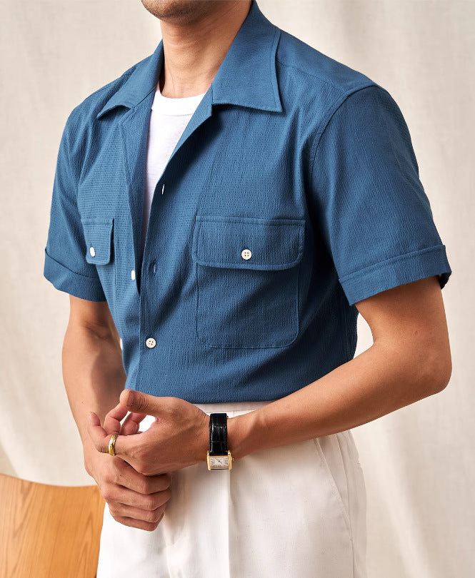 Cuban Collar Shirt Men's Short Sleeve Summer Thin