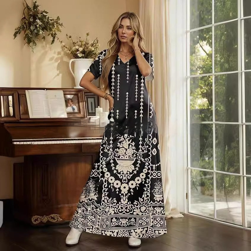 Women's Fashion Summer Printed V-neck Dress