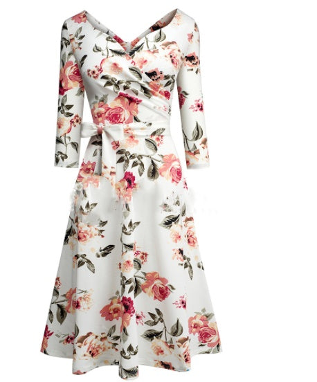 V-neck Waist Slimming A-line Skirt Fashion Lace-up Slim Dress