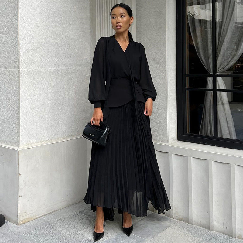 Lady Temperament Lace-up Waist-tight Irregular Pleated Belt Waist Seal Dress