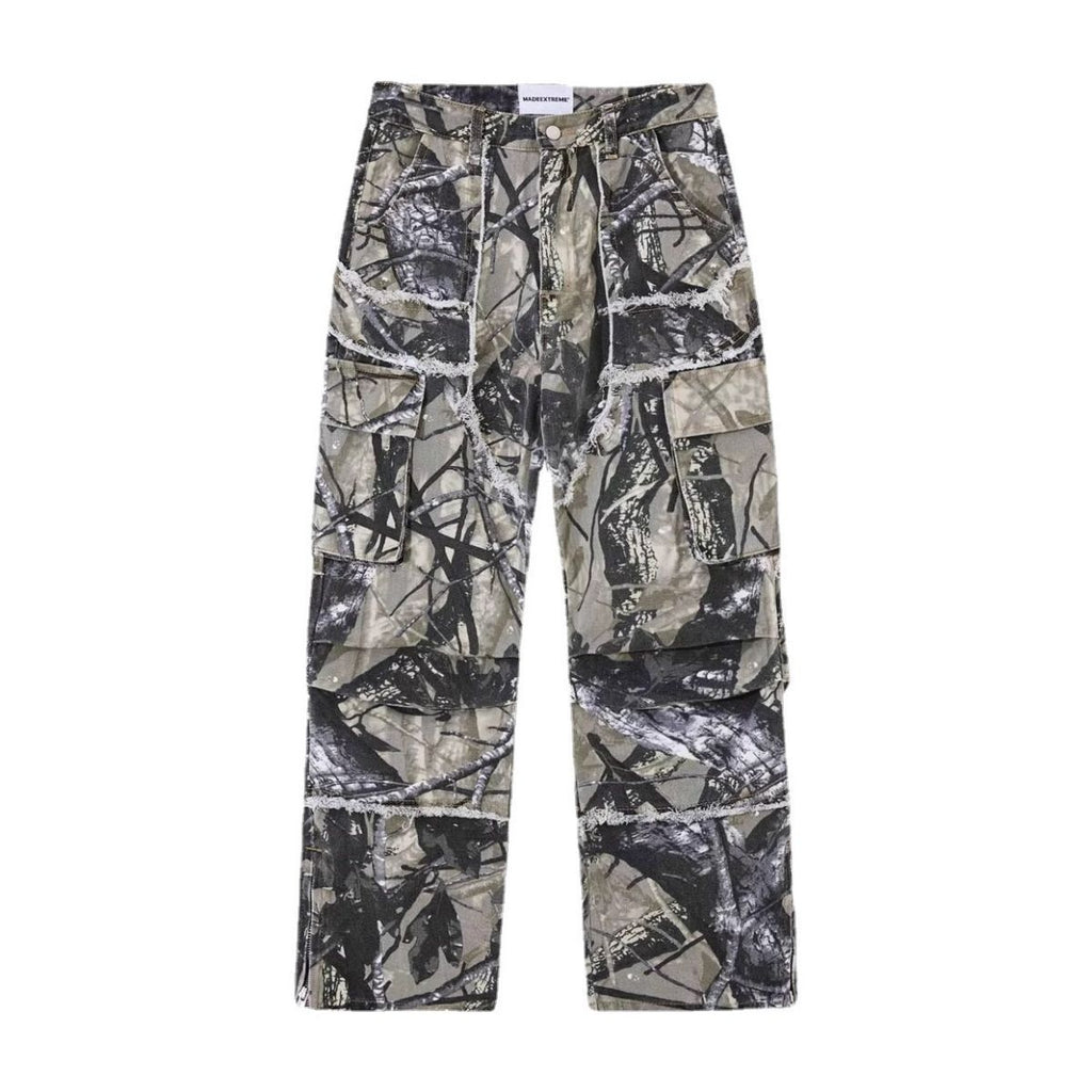 Camouflage Raw Hem Jeans Men And Women Multi-pocket Workwear